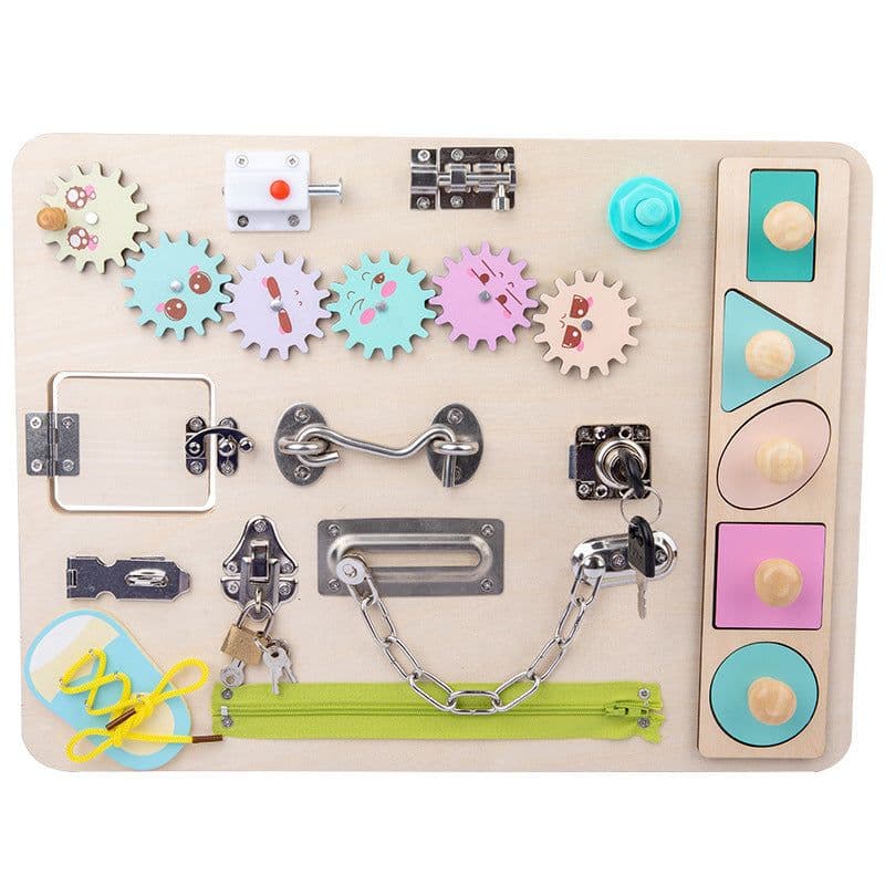 image-Wooden Car Busy Board Toy with Music Steering Wheel for Infants