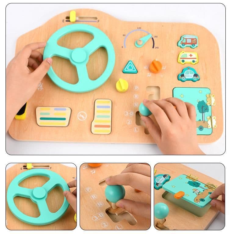 image-Wooden Car Busy Board Toy with Music Steering Wheel for Infants