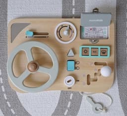 image-Wooden Car Busy Board Toy with Music Steering Wheel for Infants