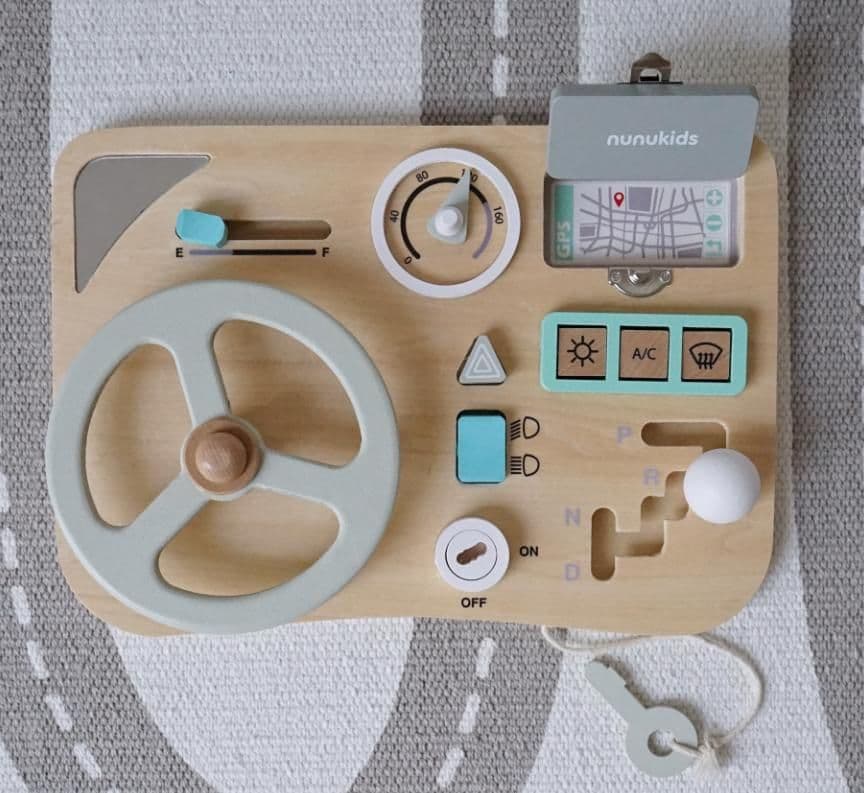 image-Wooden Car Busy Board Toy with Music Steering Wheel for Infants