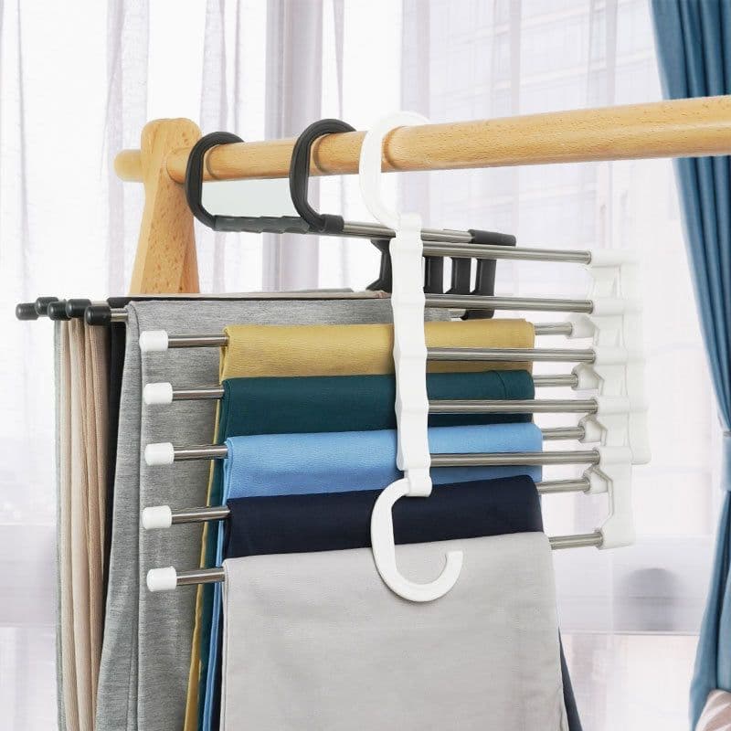 image-Stainless Steel 5-Tier Folding Trouser Hanger Rack Space Saver