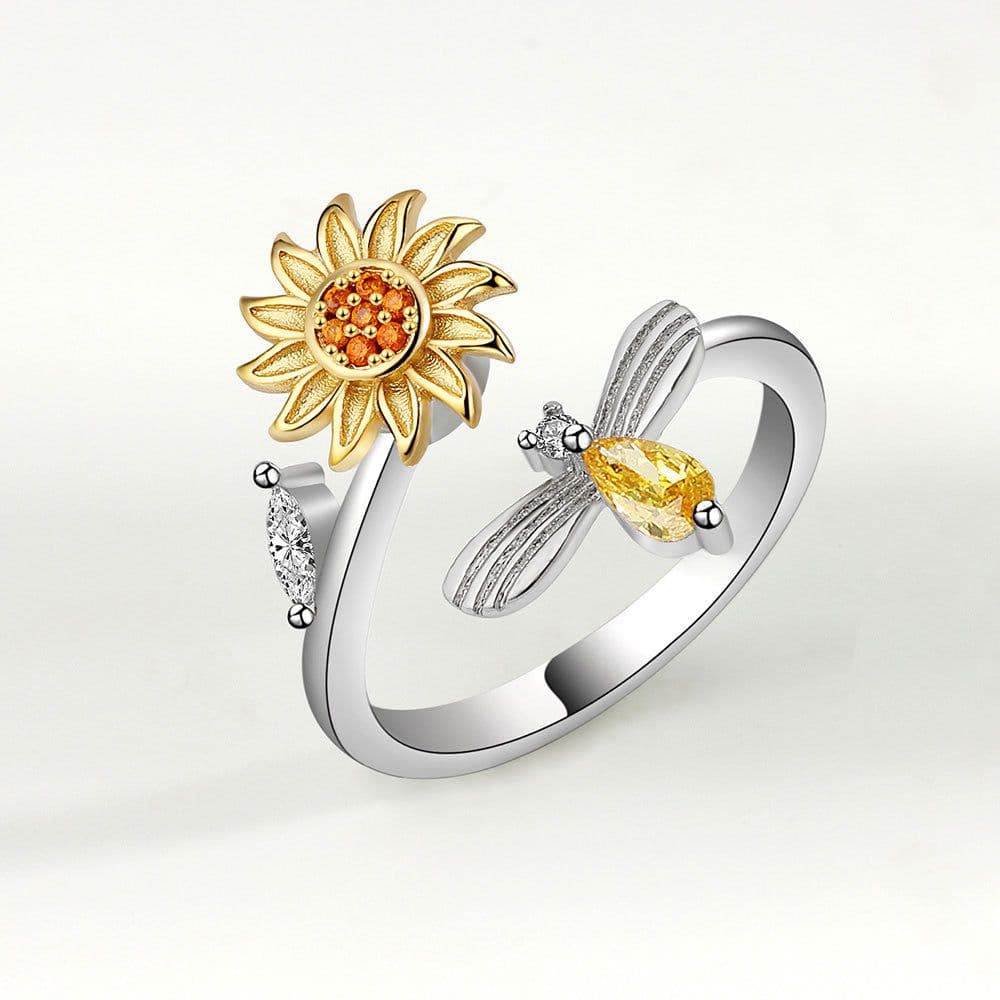 image-Sunflower Bee Diamond Open Ring Adjustable Rotating Design