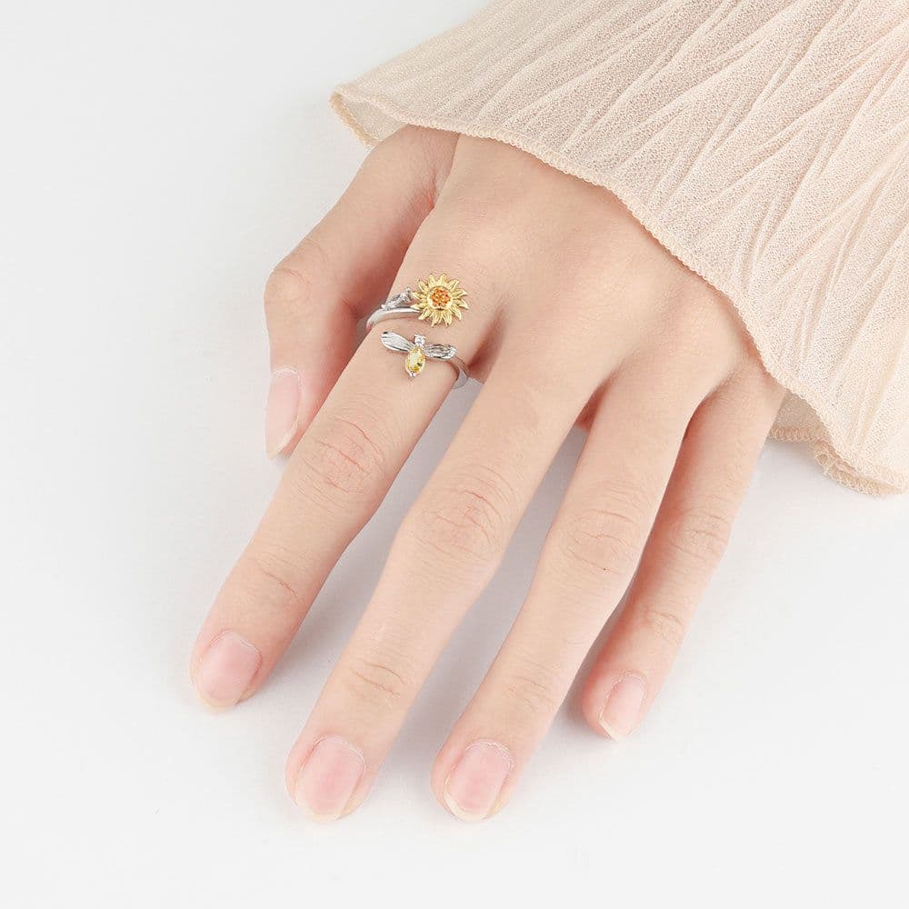 image-Sunflower Bee Diamond Open Ring Adjustable Rotating Design