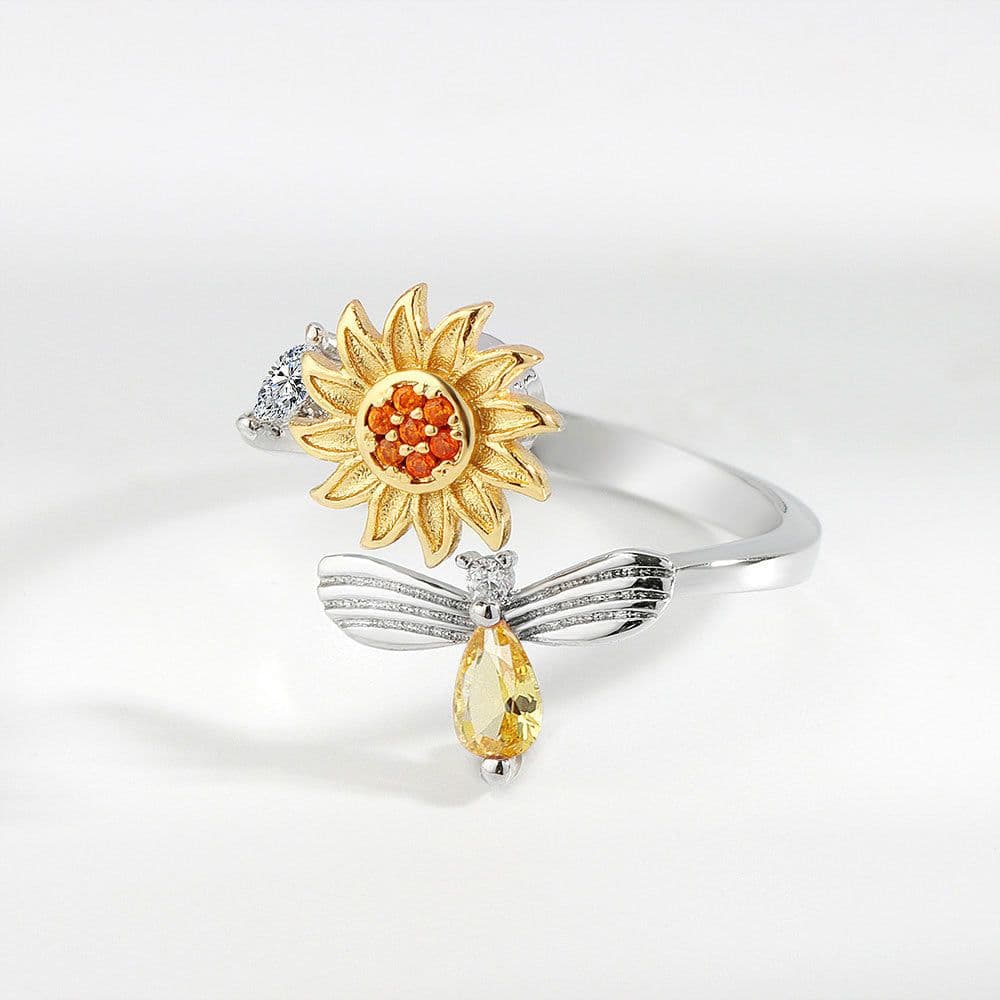 image-Sunflower Bee Diamond Open Ring Adjustable Rotating Design