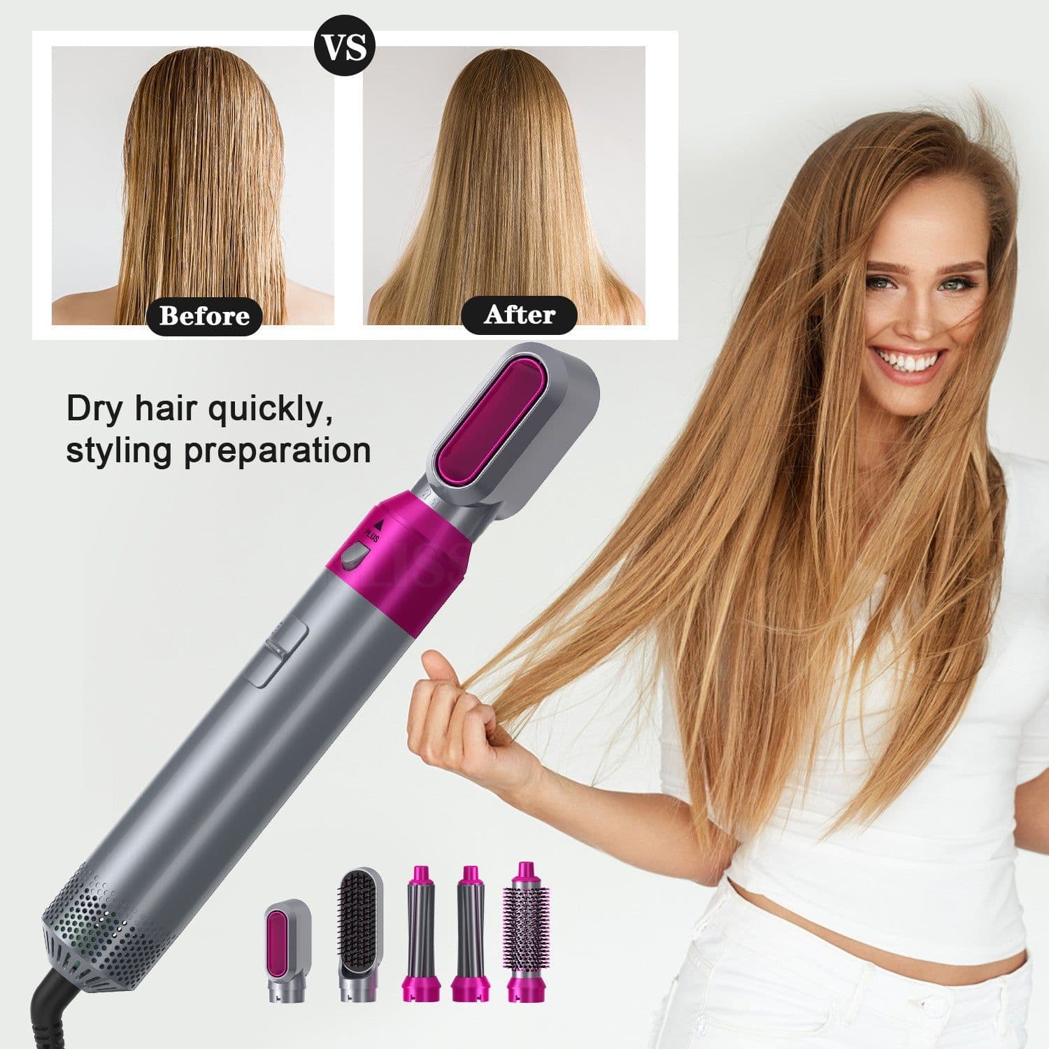 image-5-in-1 Hot Air Styling Brush Hair Dryer Curler Straightener Comb