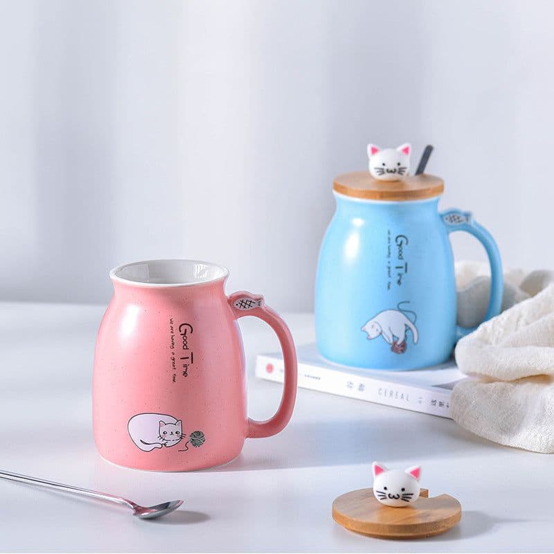 image-Yoyojia Ceramic Cat Mug with Lid and Spoon 300ml