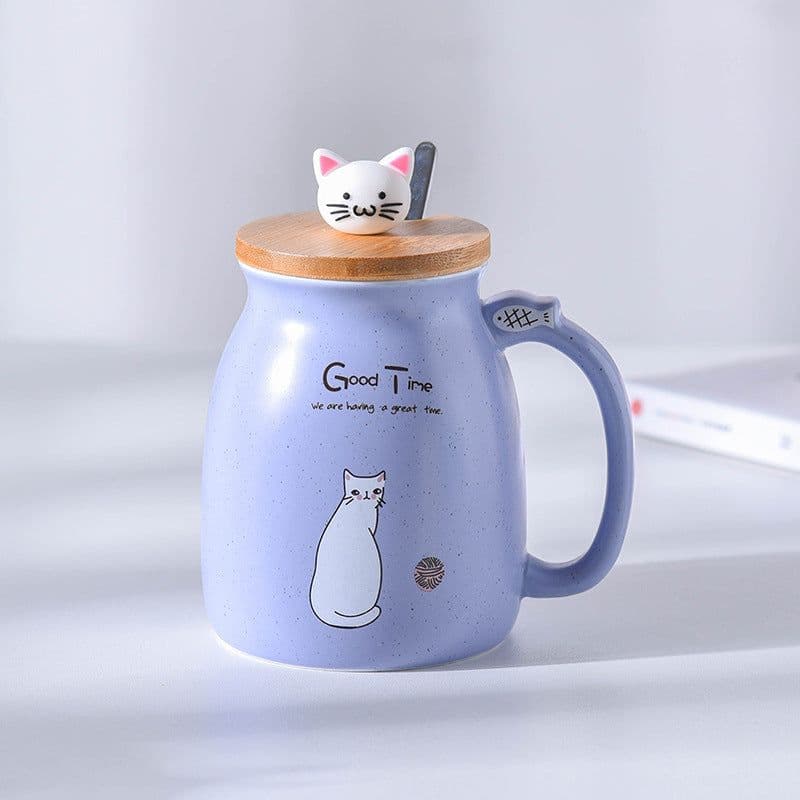 image-Yoyojia Ceramic Cat Mug with Lid and Spoon 300ml