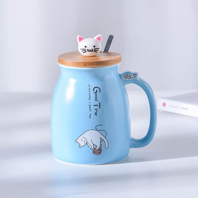 image-Yoyojia Ceramic Cat Mug with Lid and Spoon 300ml