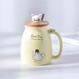 image-Yoyojia Ceramic Cat Mug with Lid and Spoon 300ml