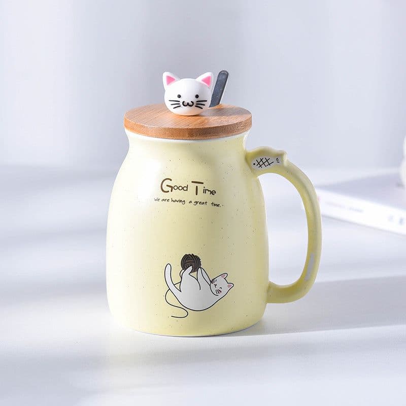 image-Yoyojia Ceramic Cat Mug with Lid and Spoon 300ml