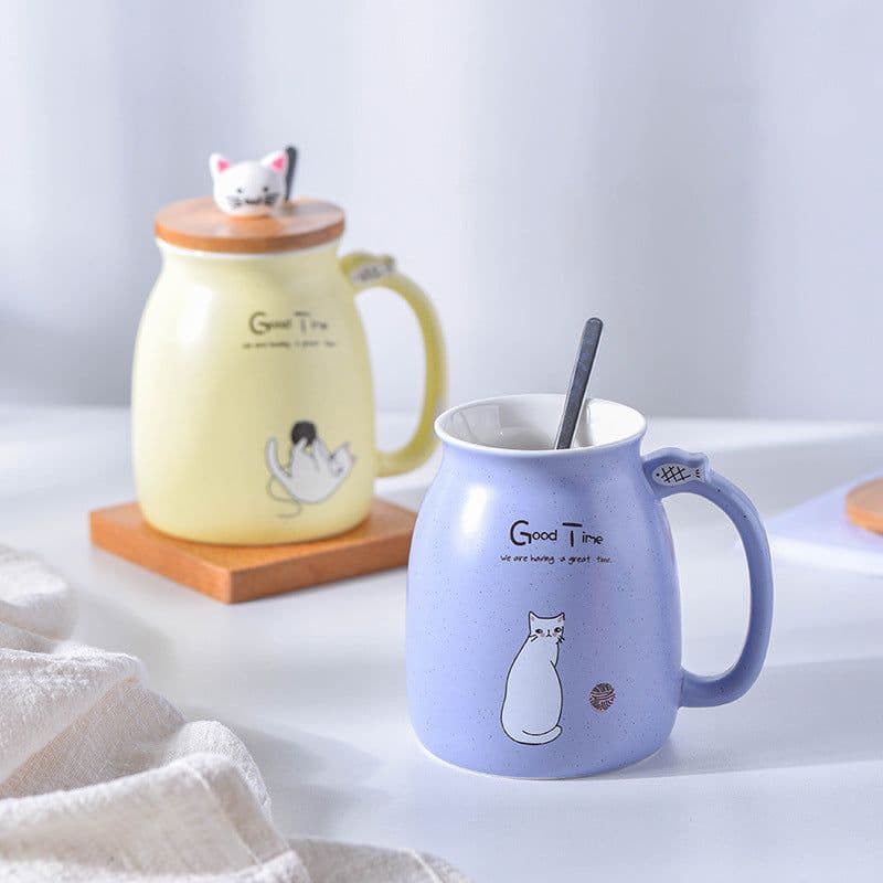 image-Yoyojia Ceramic Cat Mug with Lid and Spoon 300ml
