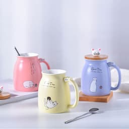 image-Yoyojia Ceramic Cat Mug with Lid and Spoon 300ml