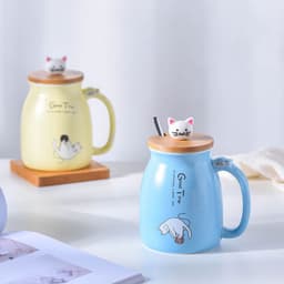 image-Yoyojia Ceramic Cat Mug with Lid and Spoon 300ml
