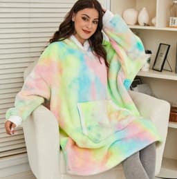 image-Flannel Hoodie Blanket Nightgown - Wearable Blanket with Pockets