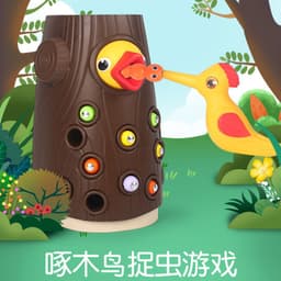 image-Wooden Woodpecker Magnetic Bug Catching Game Toy for Kids 4-6 Years
