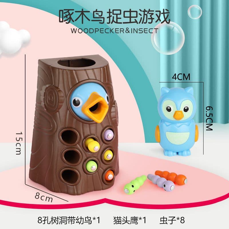 image-Wooden Woodpecker Magnetic Bug Catching Game Toy for Kids 4-6 Years