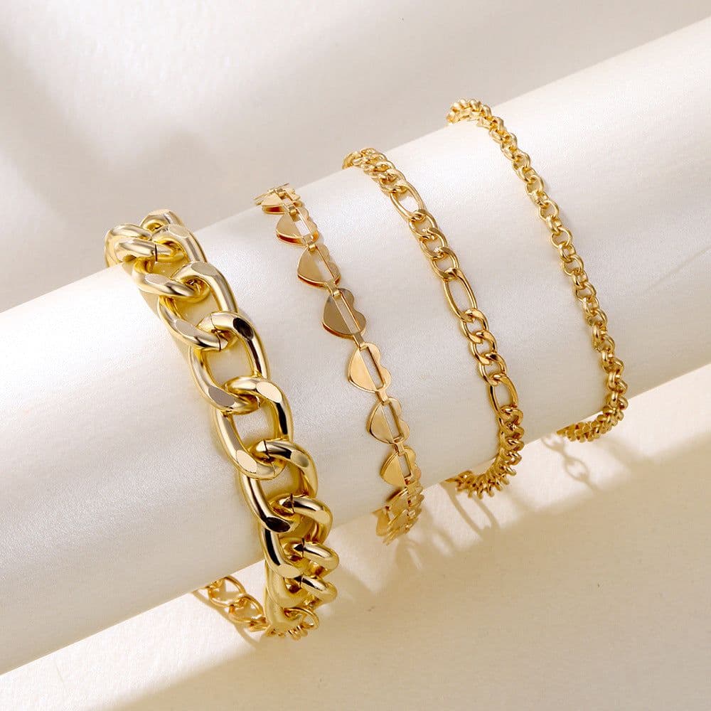 image-Korean Multi-Layer Tassel Hollow Heart Metal Bracelet 4-Piece Set