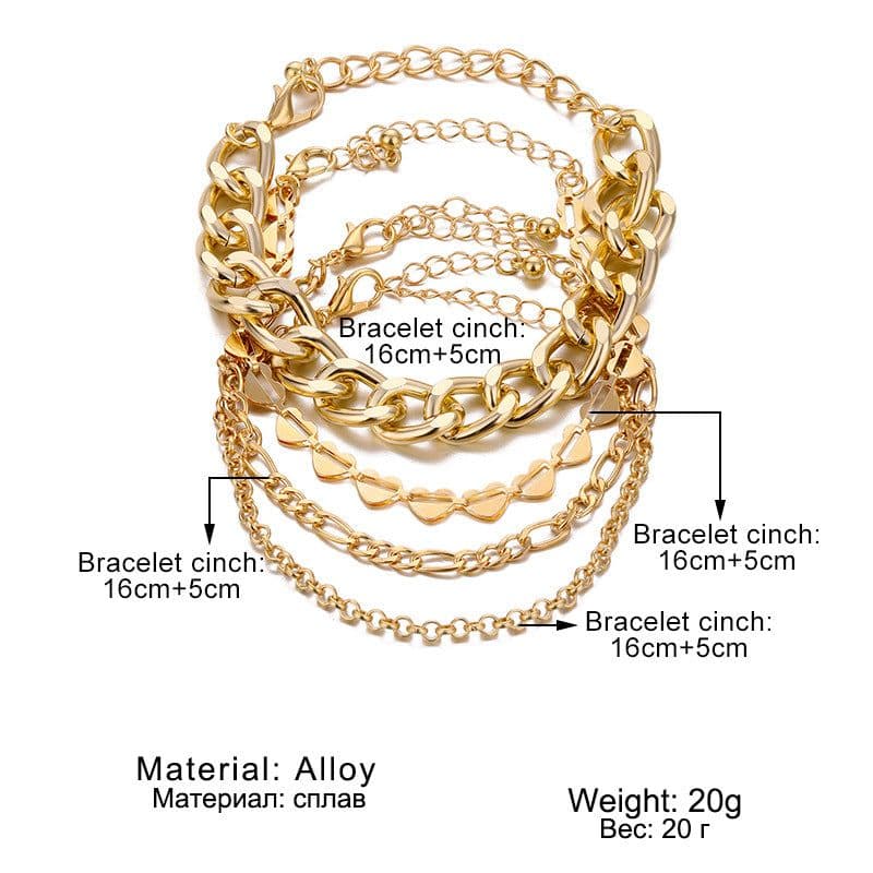 image-Korean Multi-Layer Tassel Hollow Heart Metal Bracelet 4-Piece Set