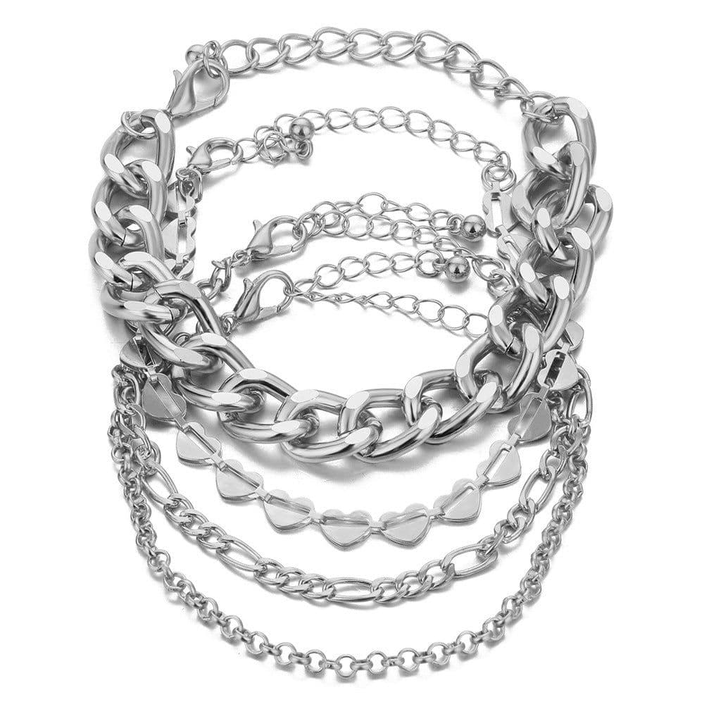 image-Korean Multi-Layer Tassel Hollow Heart Metal Bracelet 4-Piece Set