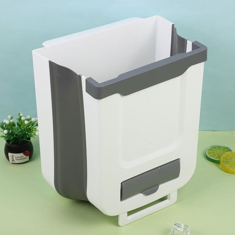 image-Wall Mounted Folding Kitchen Trash Can with Push Open Lid White