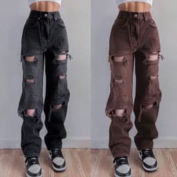 image-Ladies Ripped Straight Loose Jeans