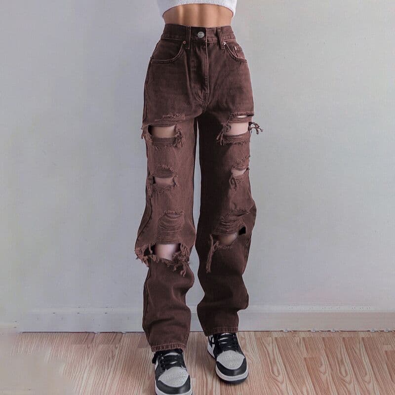 image-Ladies Ripped Straight Loose Jeans