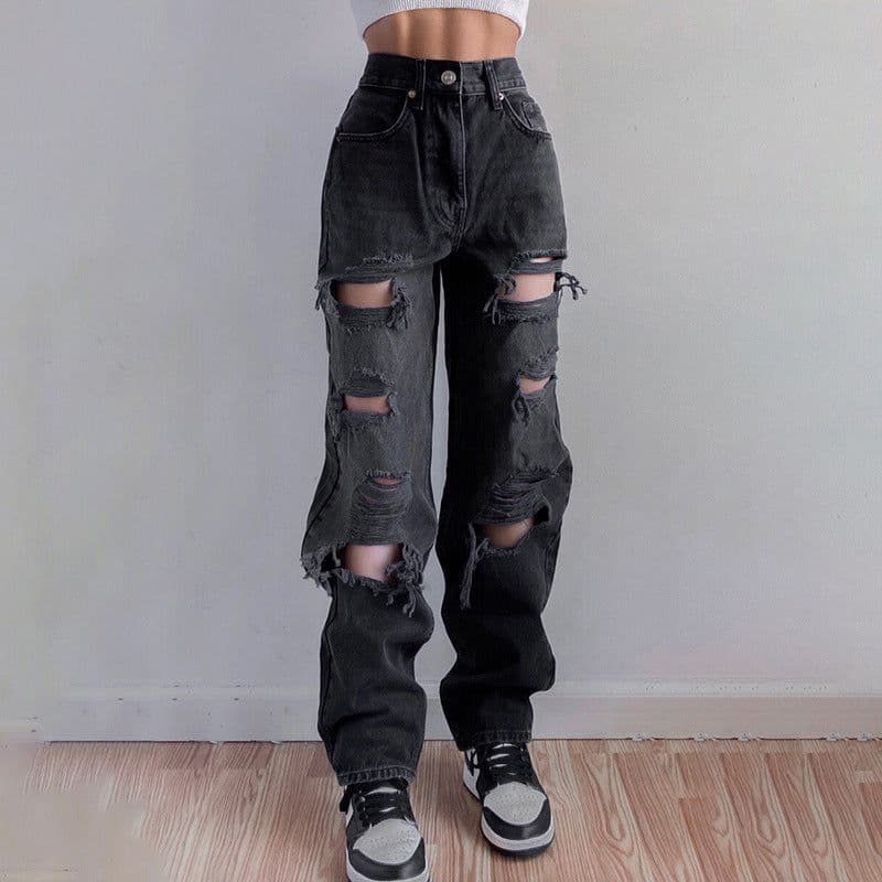 image-Ladies Ripped Straight Loose Jeans