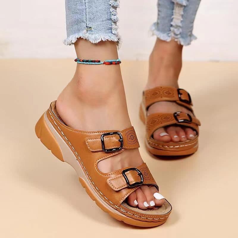 image-Women's Large Size Wedge Heel Sandals with Rhinestone Detail