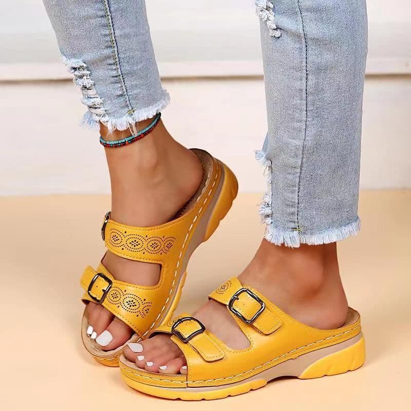 image-Women's Large Size Wedge Heel Sandals with Rhinestone Detail