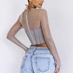 image-Women's Long Sleeve Crew Neck T-Shirt Mesh Panel Slim Fit Top