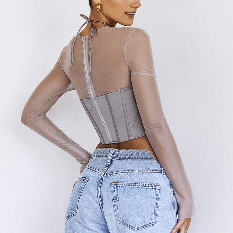 image-Women's Long Sleeve Crew Neck T-Shirt Mesh Panel Slim Fit Top