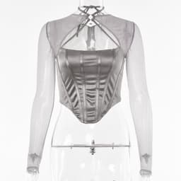 image-Women's Long Sleeve Crew Neck T-Shirt Mesh Panel Slim Fit Top
