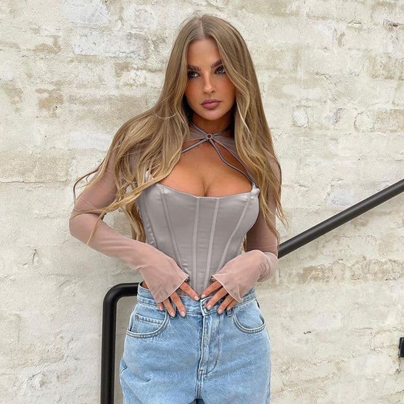 image-Women's Long Sleeve Crew Neck T-Shirt Mesh Panel Slim Fit Top