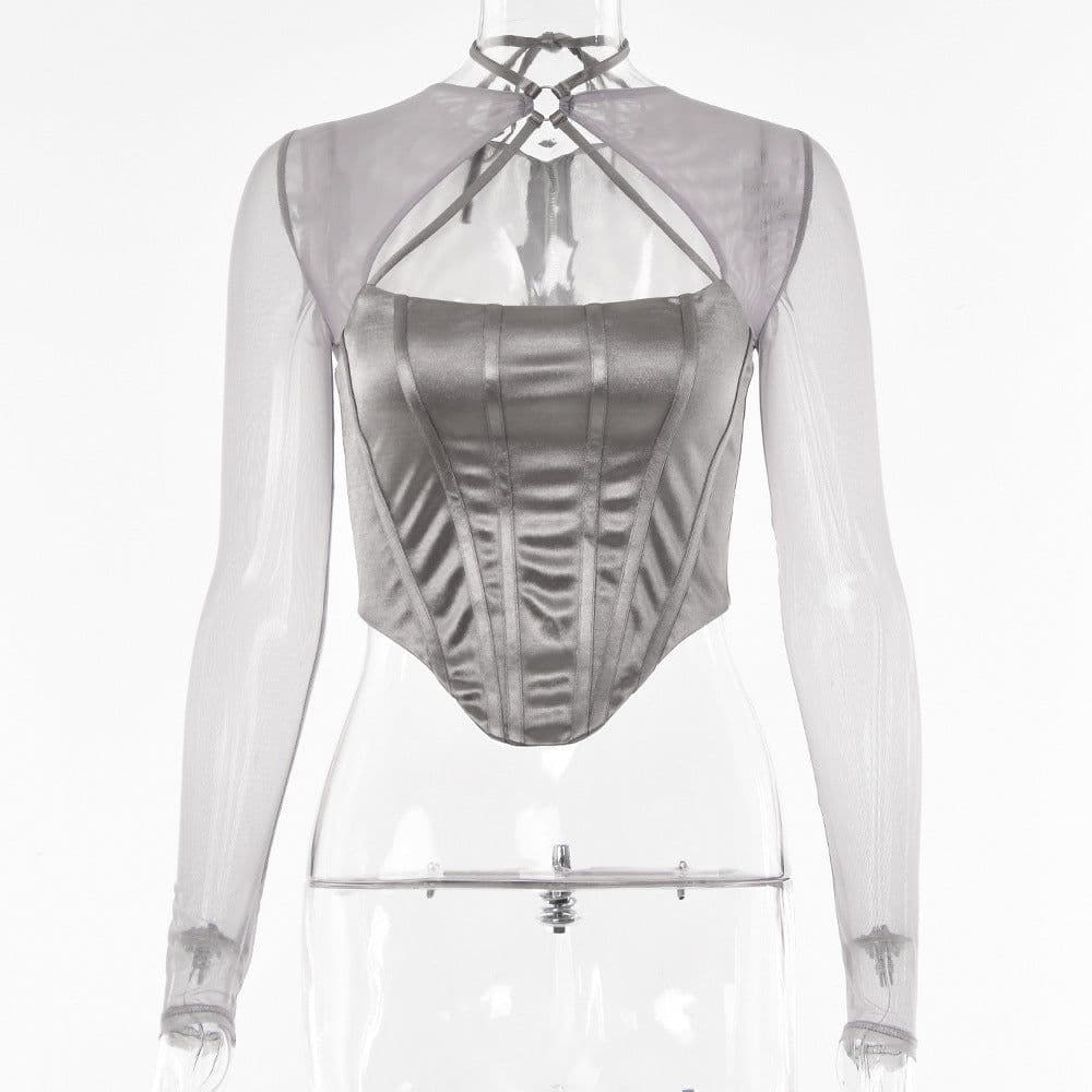 image-Women's Long Sleeve Crew Neck T-Shirt Mesh Panel Slim Fit Top