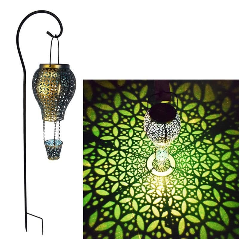 image-Solar Garden Light Iron Hollow Lantern Hot Air Balloon Outdoor