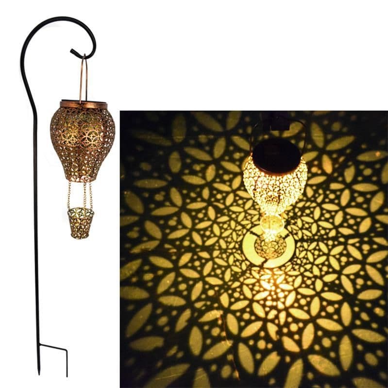 image-Solar Garden Light Iron Hollow Lantern Hot Air Balloon Outdoor