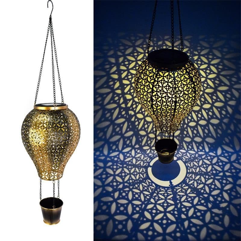 image-Solar Garden Light Iron Hollow Lantern Hot Air Balloon Outdoor
