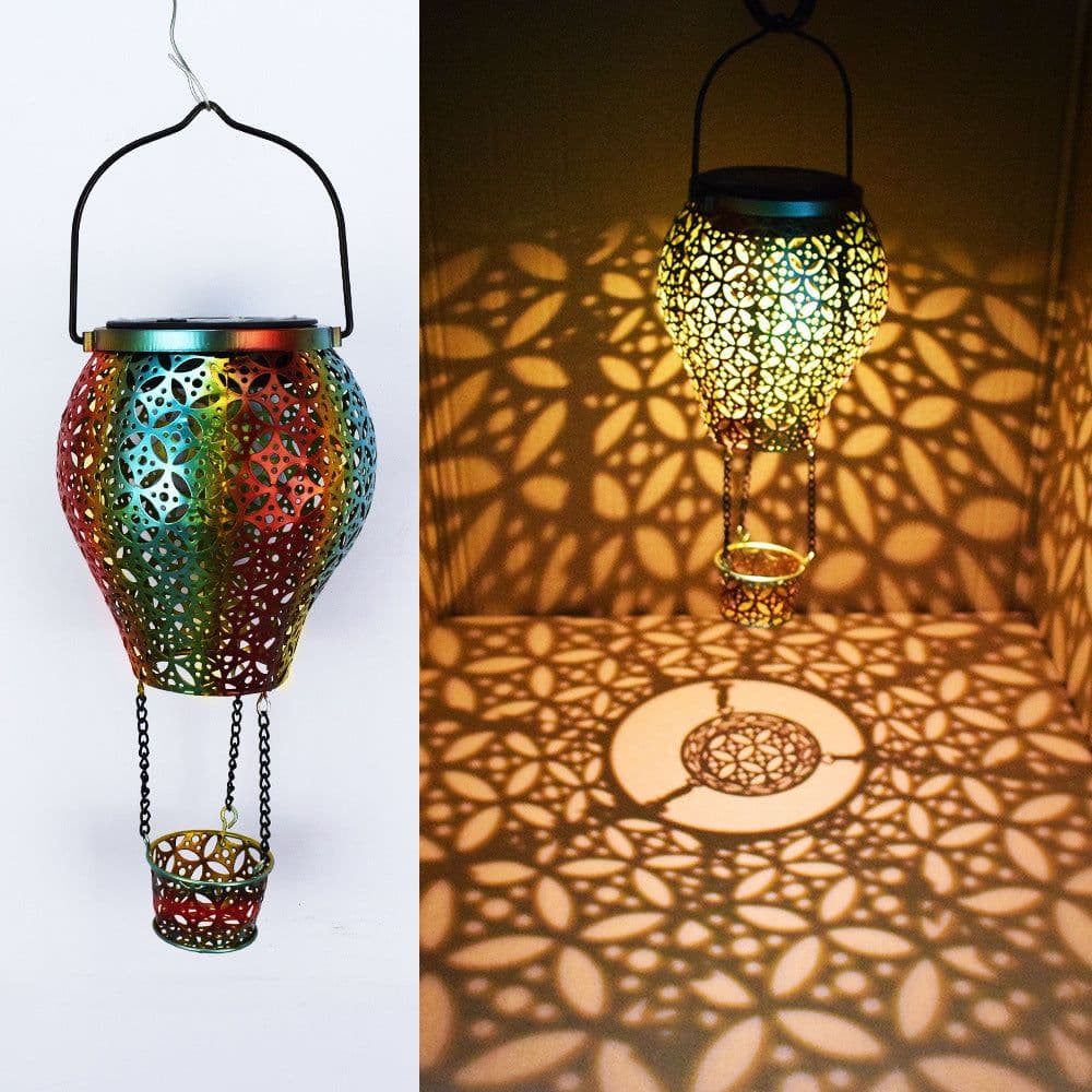 image-Solar Garden Light Iron Hollow Lantern Hot Air Balloon Outdoor