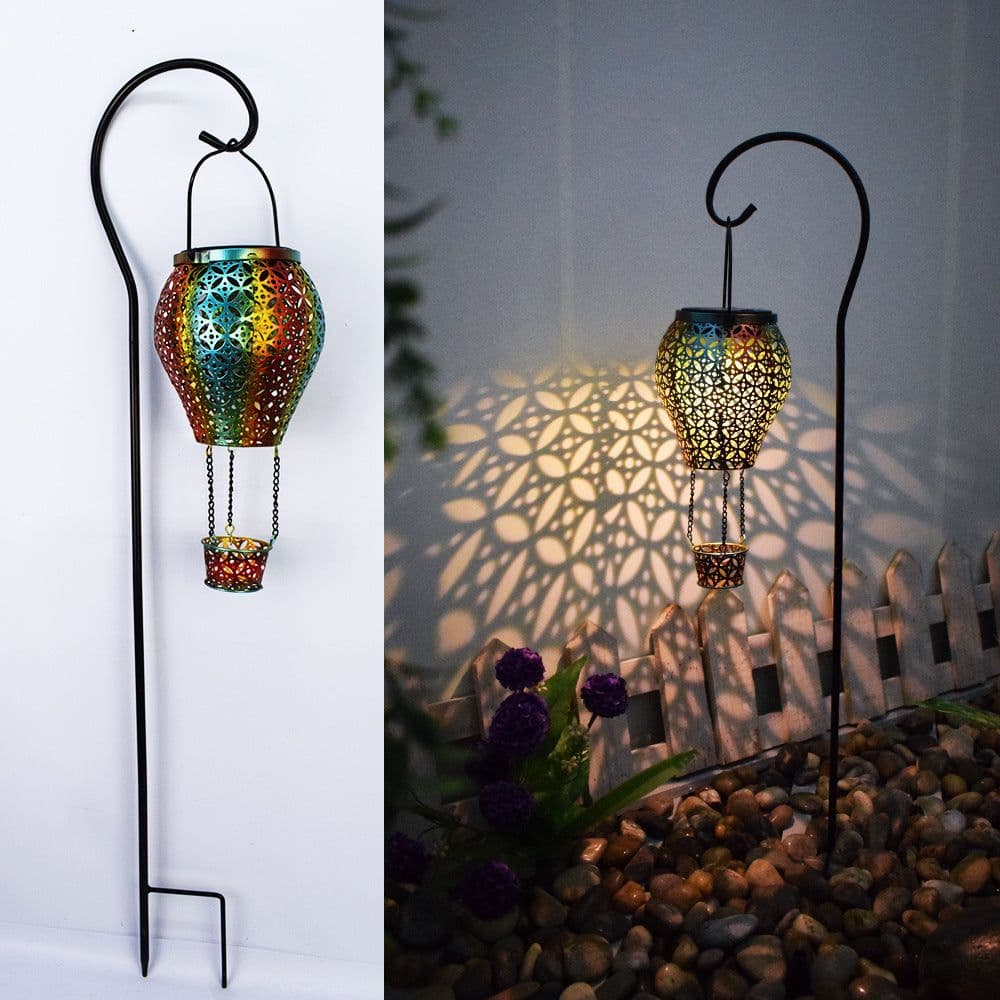 image-Solar Garden Light Iron Hollow Lantern Hot Air Balloon Outdoor
