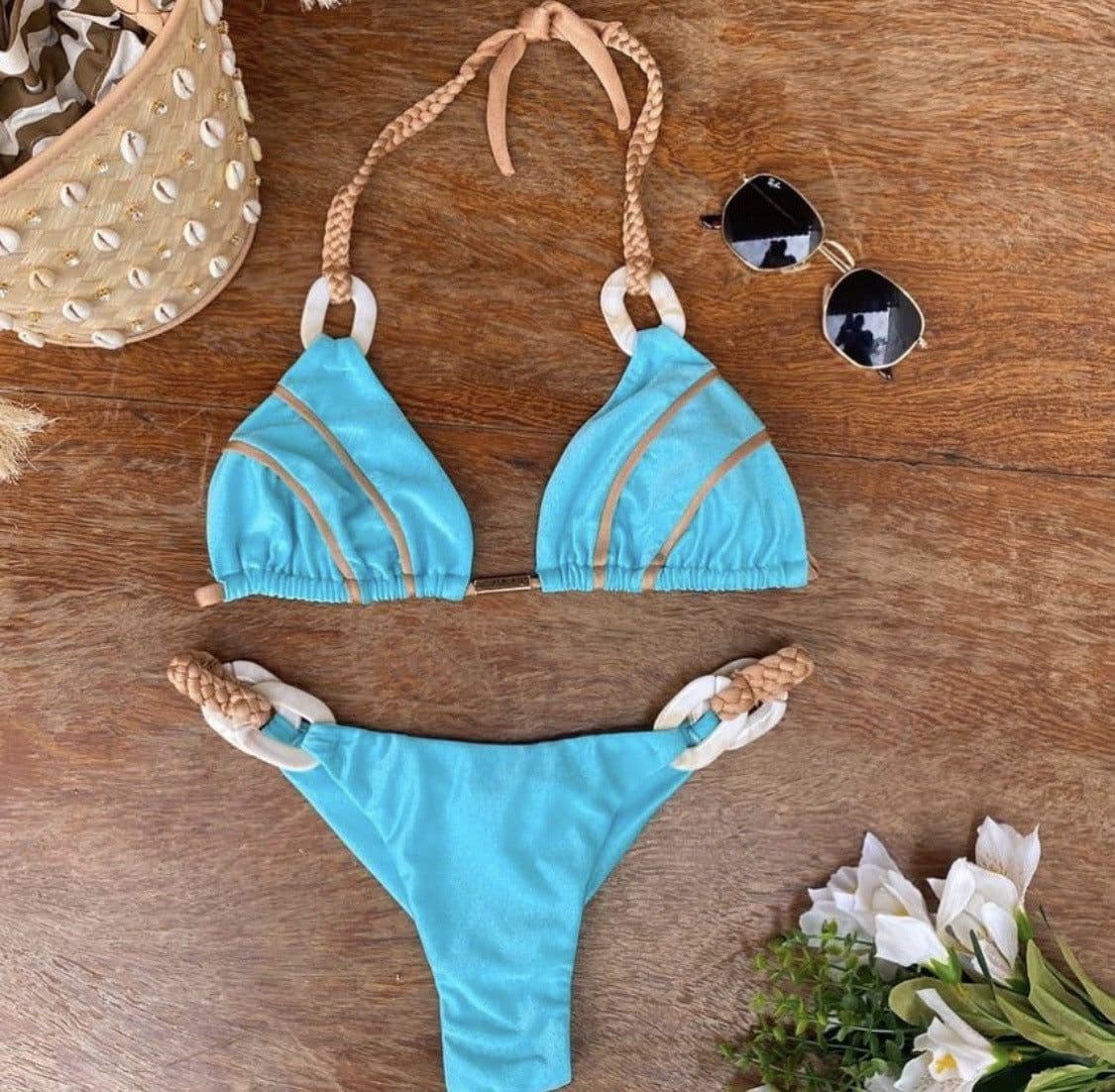 image-Women's Solid Color Strap Bikini Swimsuit with Chest Pad