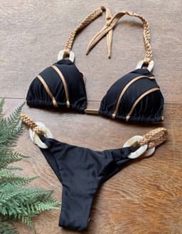 image-Women's Solid Color Strap Bikini Swimsuit with Chest Pad