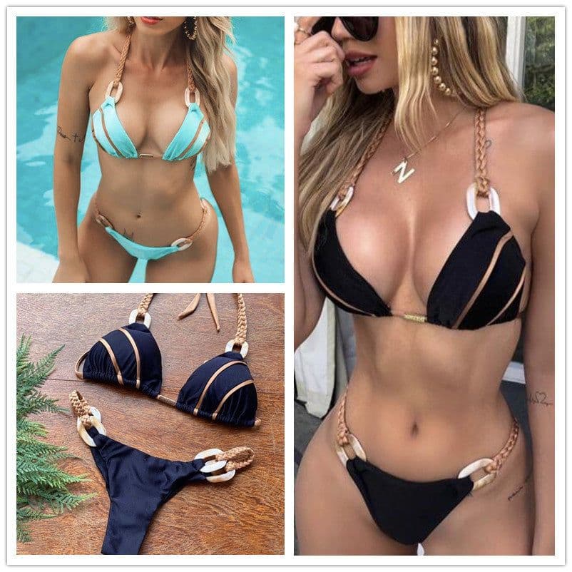 image-Women's Solid Color Strap Bikini Swimsuit with Chest Pad
