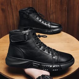 image-Men's Mid-Calf PU Leather Boots Side Zipper Lace-Up Skate Shoes