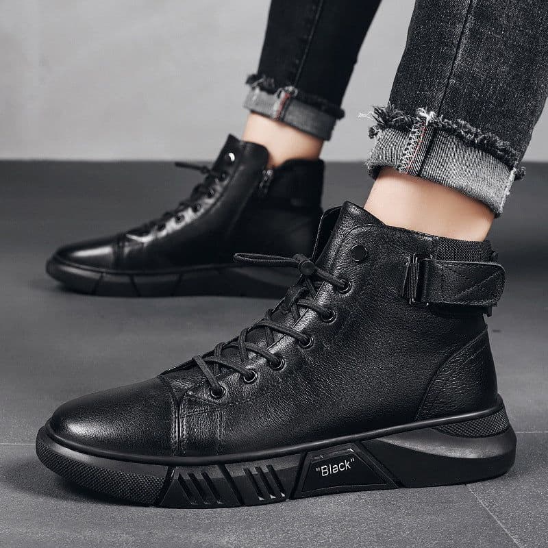 image-Men's Mid-Calf PU Leather Boots Side Zipper Lace-Up Skate Shoes