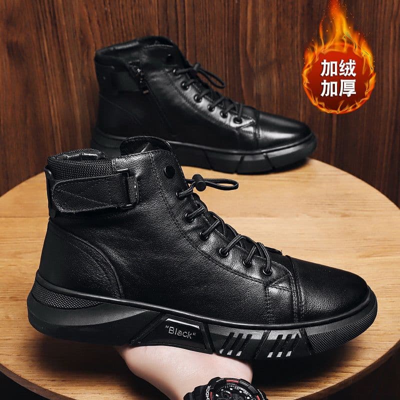 image-Men's Mid-Calf PU Leather Boots Side Zipper Lace-Up Skate Shoes