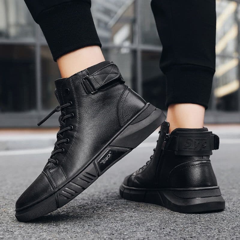 image-Men's Mid-Calf PU Leather Boots Side Zipper Lace-Up Skate Shoes