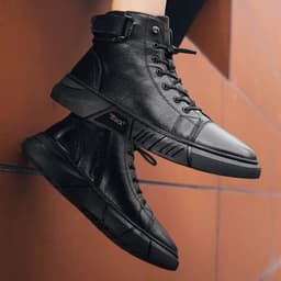 image-Men's Mid-Calf PU Leather Boots Side Zipper Lace-Up Skate Shoes