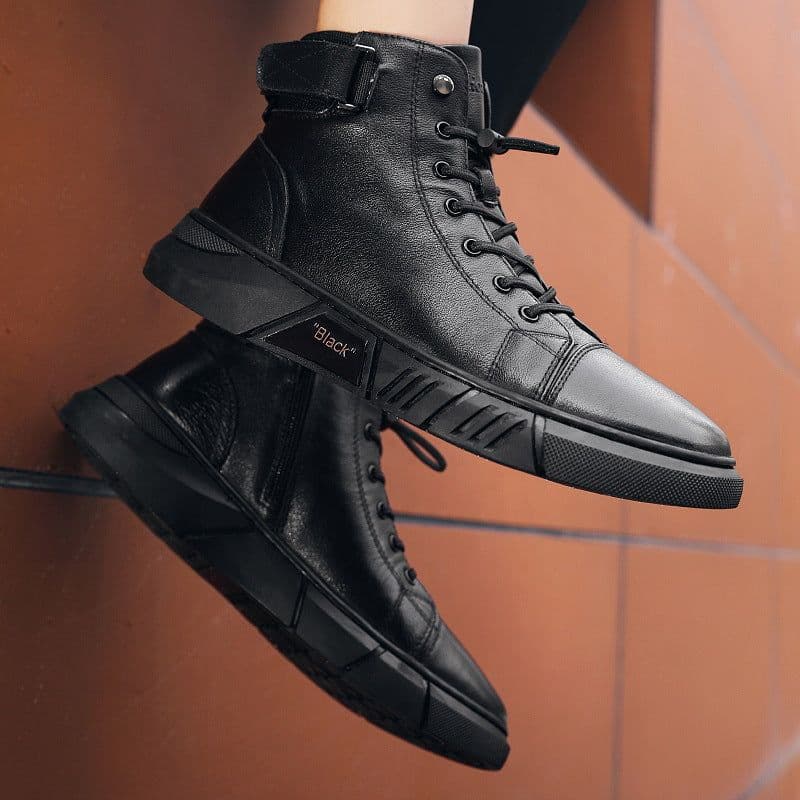image-Men's Mid-Calf PU Leather Boots Side Zipper Lace-Up Skate Shoes