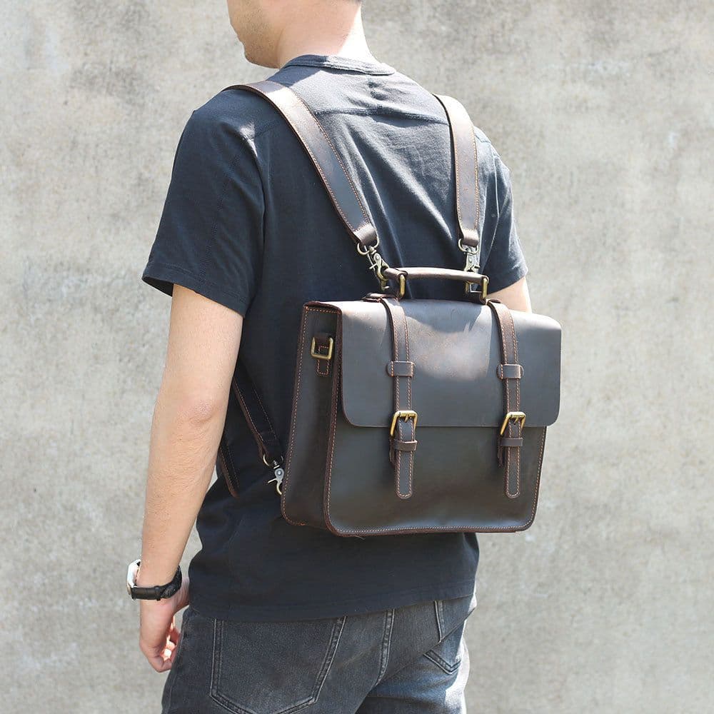 image-Genuine Leather Backpack Briefcase Unisex Cowhide Shoulder Bag
