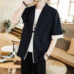image-Ottilon Men's Cotton Linen Jacket Half Sleeve Tang Suit Cardigan